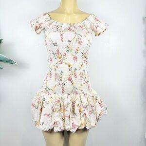 H&M Mini Floral Bubble Hem Dress Sz XS Smocked Short Sleeves HM H M